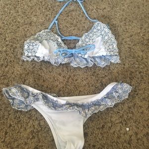 Blue and white frilly swimsuit